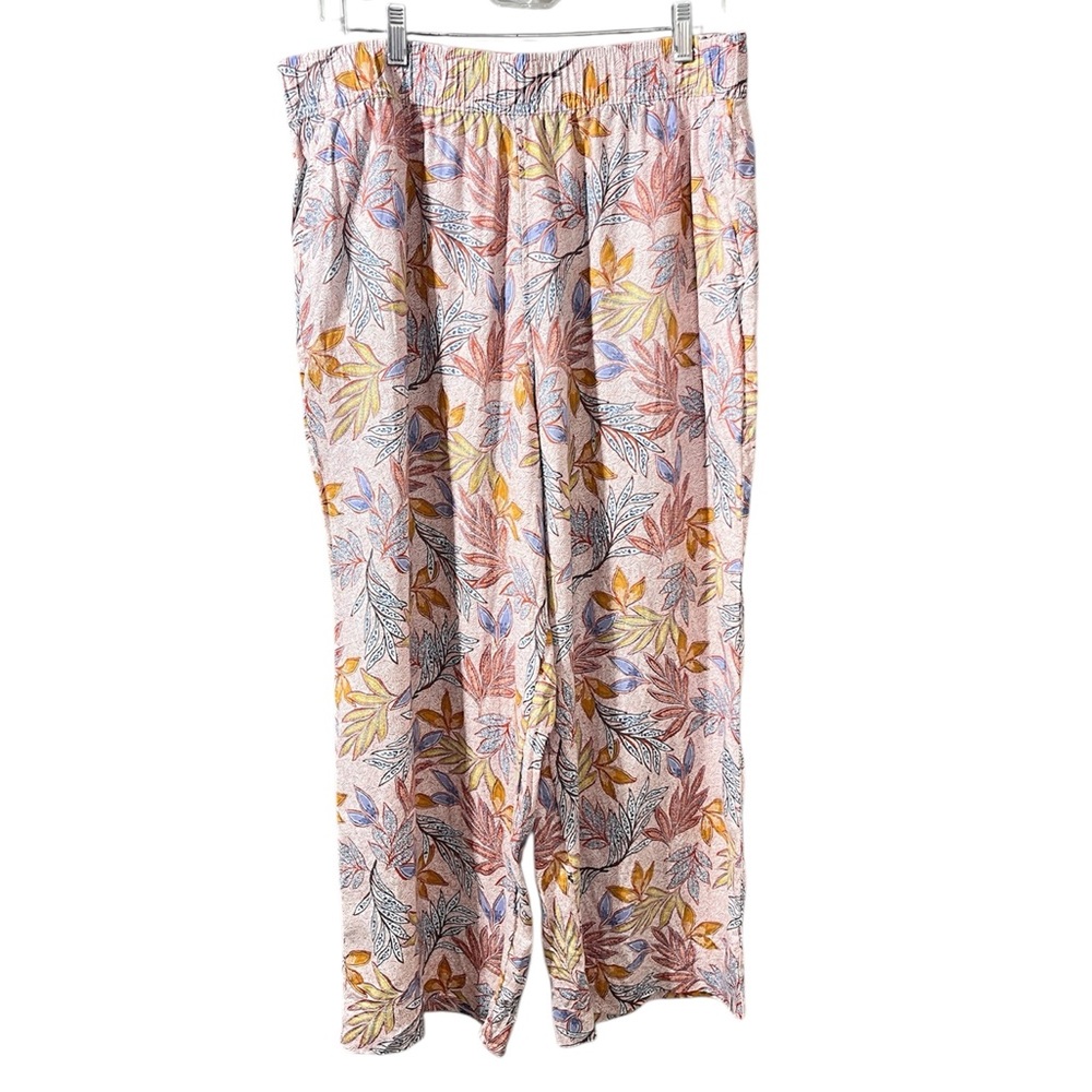 Nicole Miller New York Linen Wide Leg Crop Pants Leaf Print XL Elastic Waist